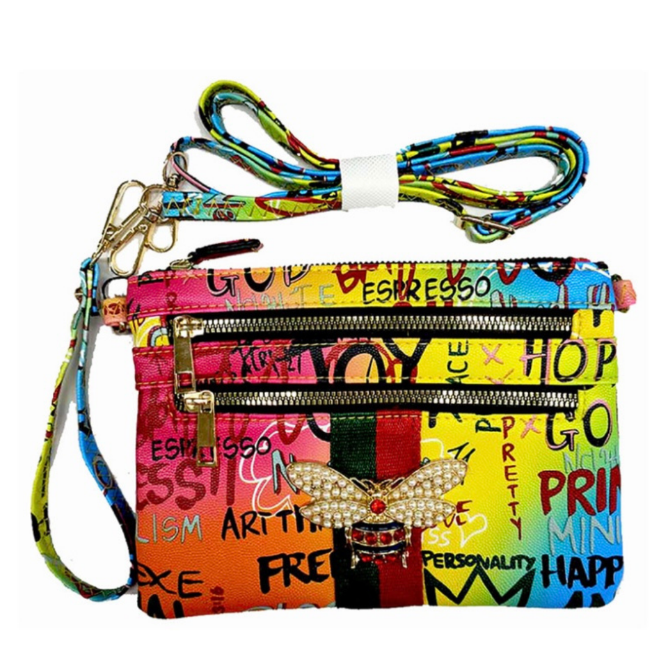 Queen Bee Striped Graffiti Clutch Crossbody Handbag