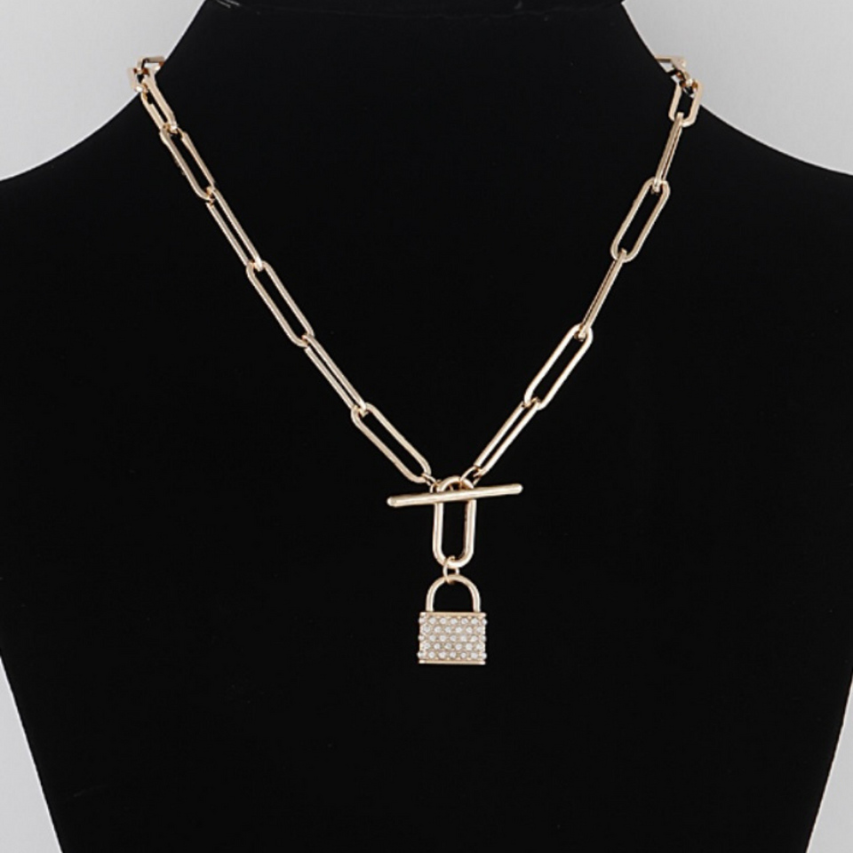 Rhinestone Lock Toggle Necklace