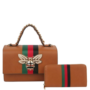 Petite Queen Bee Handbag With Wallet (Colors: Caramel Brown, Black, Gold,  Red)